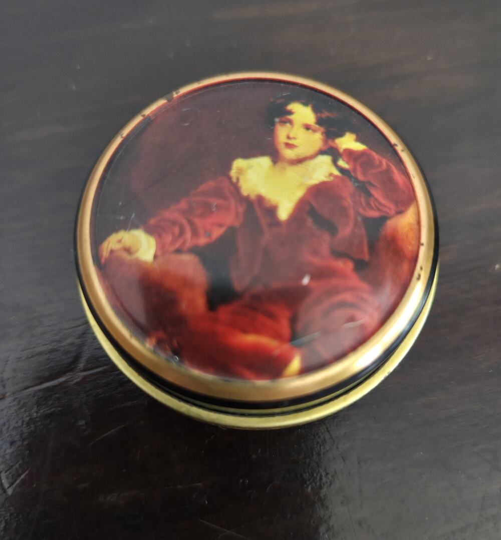 Vintage Bentley's London Round Tin Mints Pill Snuff Box Red Boy Painting